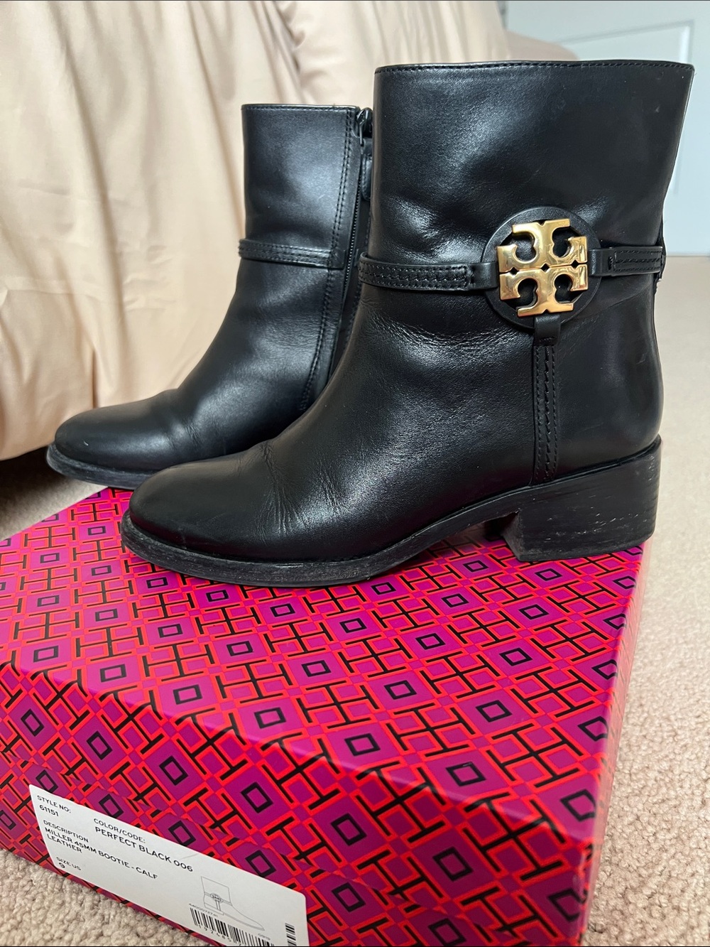 Tory Burch Black Leather Logo Medallion Ankle Boots
